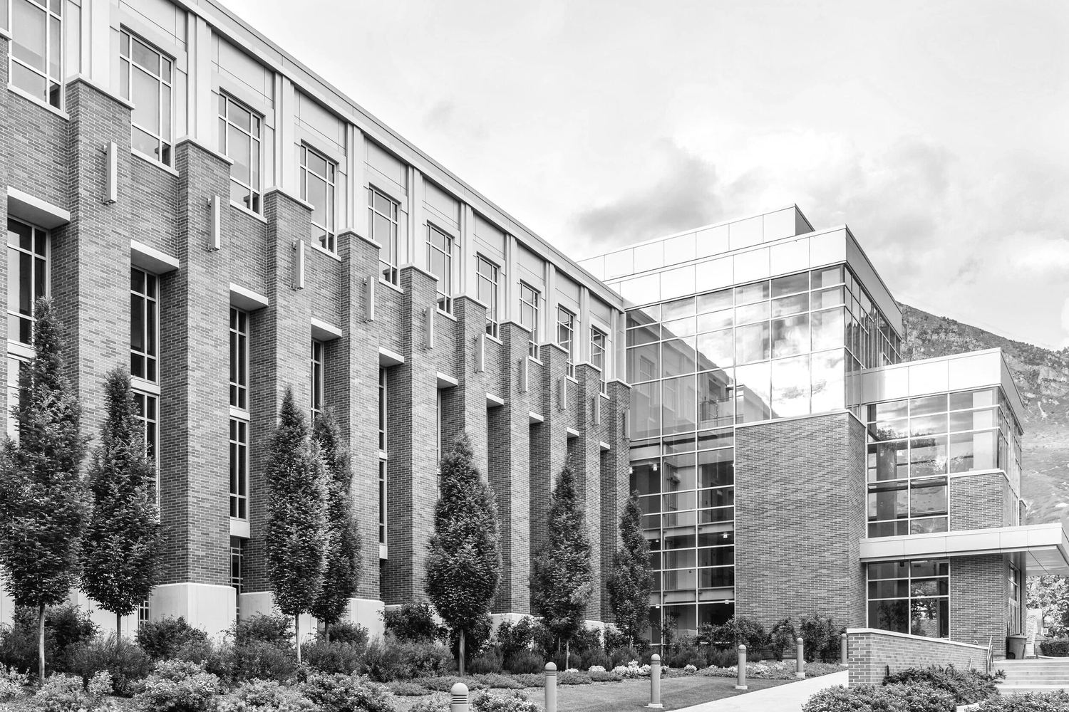 A brick, glass and metal academic building